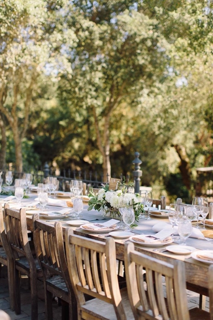 Garden long-table dinner with white centerpiece