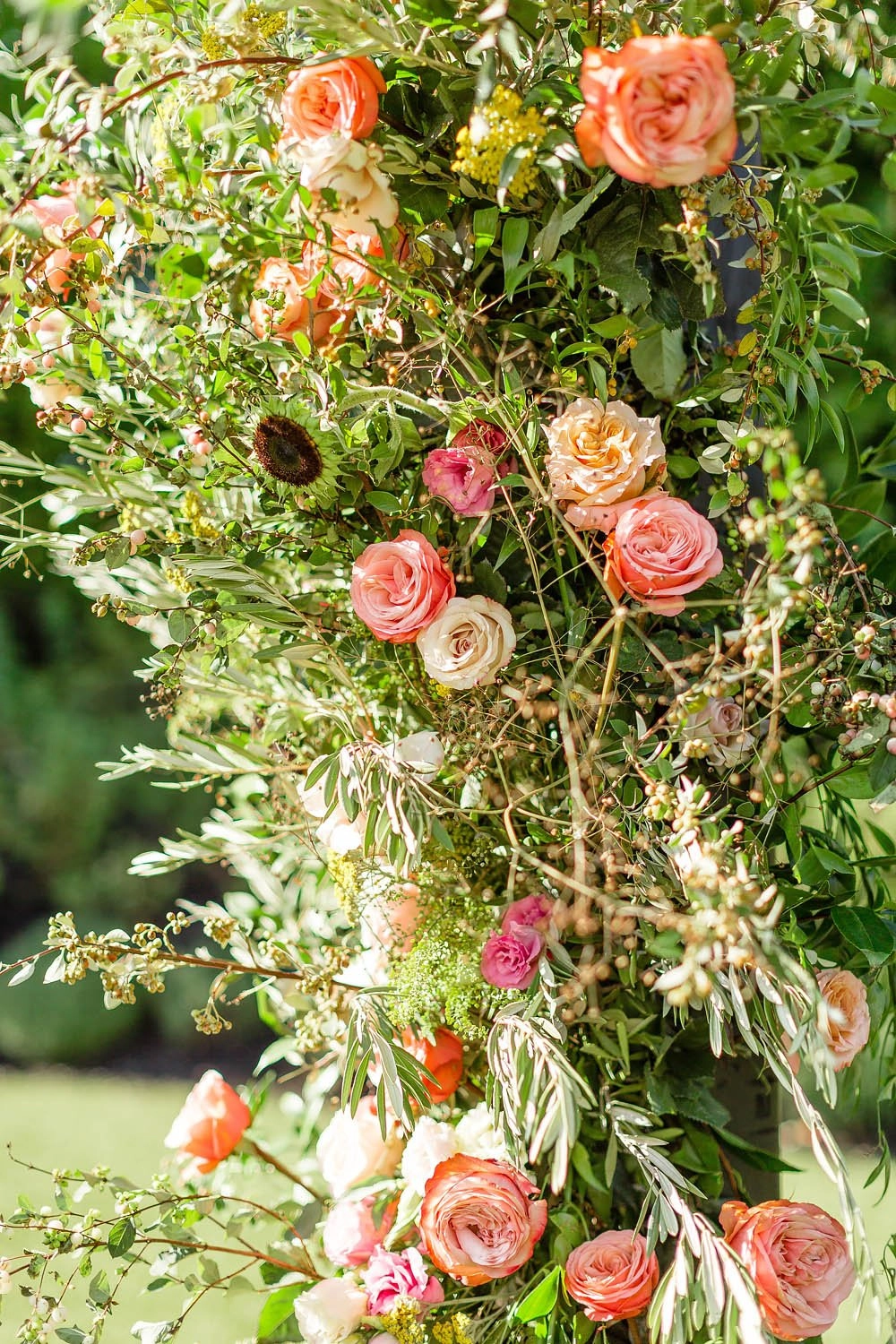 Coral and blush garden rose ceremony installation